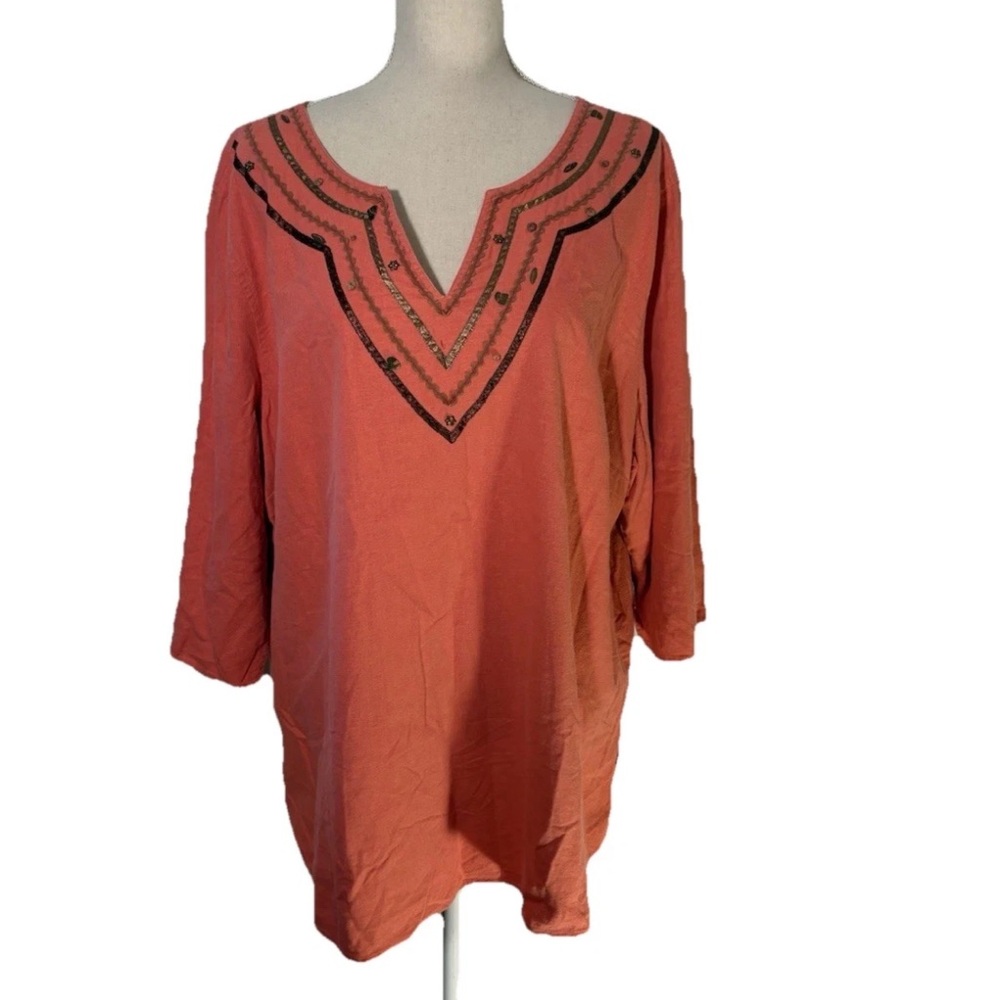 Kim Rogers Women's plus size 2X pink salmon top shirt linen blouse work church